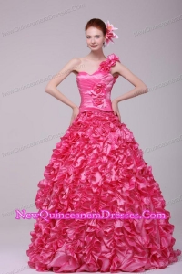 Hot Pink One Shoulder Hand Made Flowers and Ruffles Quinceanera Dress