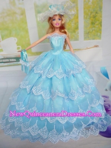 Luxurious Baby Blue Party Clothes for Noble Barbie Doll Tulle