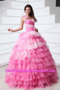 Pink One Shoulder Beading Quinceanera Dress with Ruffles Layered