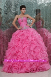 Strapless Rose Pink Organza Beading and Ruffles Quinceanera Dress