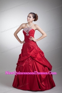 Wine Red A-line Strapless Taffeta Quinceanera Dress with Beading