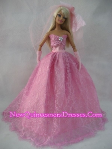 Romantic Rose Pink Strapless Lace Wedding Dress For Barbie Doll