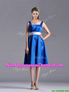 Exquisite Empire Square Taffeta Blue Dama Dress with White Belt