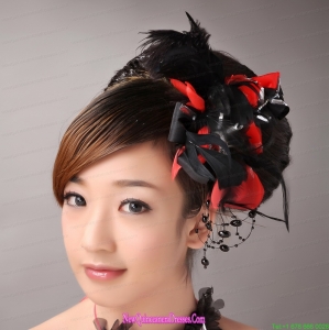 Fully Handmade Romantic Headpiece Red and Black With Feather For Party