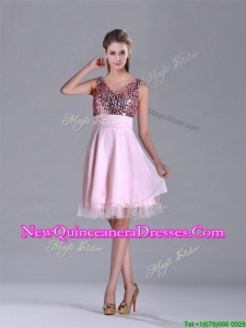 Latest V Neck Sequined Decorated Bodice Dama Dress in Baby Pink