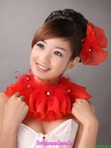 Red Organza Hearpices With Imitation Feather Rhinestones Decorate