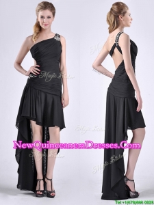 Romantic High Low One Shoulder Black Dama Dress with Criss Cross