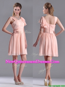 Simple Empire Ruched Peach Dama Dress with Asymmetrical Neckline