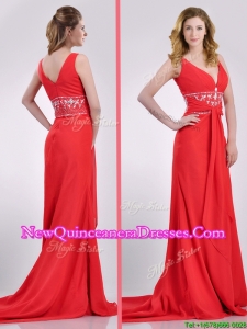 Beautiful V Neck Brush Train Chiffon Beaded Dama Dress in Coral Red