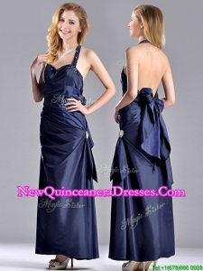 Luxurious Beaded Decorated Halter Top Dama Dress in Navy Blue