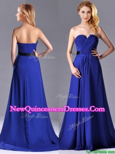 Luxurious Empire Chiffon Royal Blue Dama Dress with Brush Train