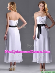 Popular Tea Length White Dama Dress with Appliques and Belt