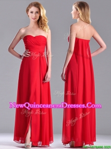 Beautiful Sweetheart Chiffon Ruched Red Dama Dress in Ankle Length