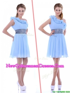 One Shoulder Light Blue Dama Dress with Beaded Decorated Waist and Ruffles