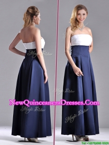 Elegant Strapless Ankle Length Dama Dress in Navy Blue and White