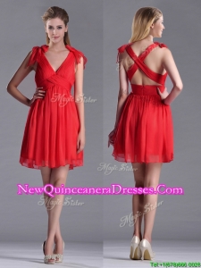 Exclusive V Neck Criss Cross Dama Dress with Ruching and Bowknot