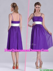 Romantic Spaghetti Straps Belted Eggplant Purple Dama Dress in Tea Length