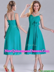 Spaghetti Straps Ruched and Belted Turquoise Dama Dress in Tea Length