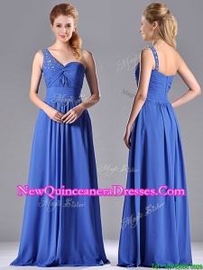 Column Chiffon Beading and Ruching Blue Dama Dress with One Shoulder