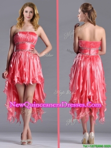 Elegant Strapless High Low Beaded Decorated Waist Dama Dress in Coral Red