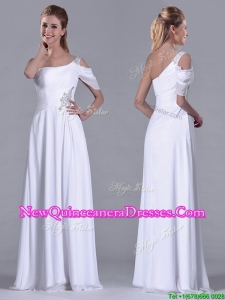 Fashionable Empire One Shoulder Beaded White Long White Dama Dress for Holiday