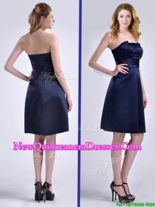 Luxurious Strapless Zipper Up Ruched Dama Dress in Navy Blue