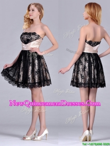 Modern Strapless Black Short Dama Dress with Lace and Belt