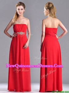 Beautiful Strapless Chiffon Red Dama Dress with Beading and Ruching