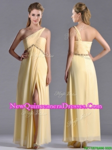 Exquisite One Shoulder Yellow Dama Dress with Beading and High Slit