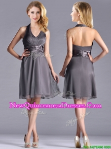 Romantic Chiffon Halter Top Knee Length Dama Dress in Grey