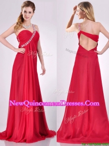 New Beaded Decorated One Shoulder Red Dama Dress with Brush Train
