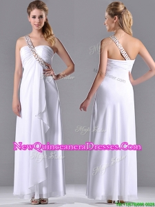 Fashionable Empire One Shoulder Chiffon Side Zipper White Dama Dress with Beading