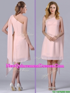 Cheap One Shoulder Chiffon Ruching Short Dama Dress in Pink