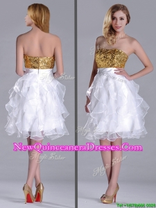 Classical Organza Sequined and Ruffled Dama Dress in White and Gold