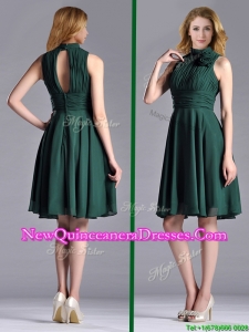 New High Neck Handmade Flower Dark Green Dama Dress with Open Back