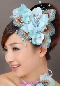 Popular Light Blue Taffeta Tulle Feather Beading Women s Fascinators