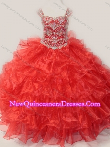2016 Ball Gown Straps Organza Beaded Bodice Lace Up Little Girl Pageant Dress in Red