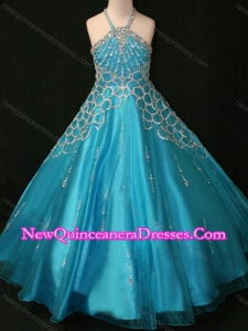 2016 Beaded Decorated Halter Top and Bodice Teal Little Girl Pageant Dress with Criss Cross