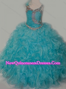 2016 Elegant Ball Gown V Neck Organza Beading Aqua Blue Lace Up Little Girl Pageant Dress