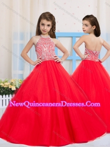 2016 Fashionable Red Ball Gown Halter Beading Little Girl Pageant Dress in Tulle