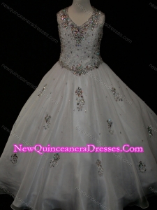 2016 Pretty Ball Gown Beaded and Applique White Little Girl Pageant Dress in Organza