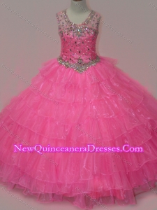 2016 Pretty Rose Pink Little Girl Pageant Dress with Beading and Ruffled Layers