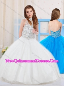 2016 Top Selling Ball Gown Halter Tulle Beaded Little Girl Pageant Dress in White