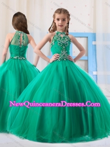 Top Selling Ball Gowns Halter Beaded Little Girl Pageant Dress in Turquoise