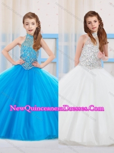 Cute Ball Gown Halter Floor-length Tulle Beaded Little Girl Pageant Dress