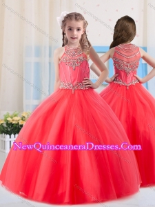 Cute Ball Gowns Scoop Tulle Coral Red Little Girl Pageant Dress with Beading