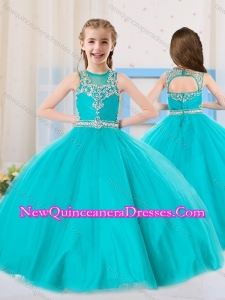 Cute Princess Scoop Aqua Blue Little Girl Pageant Dress with Beading