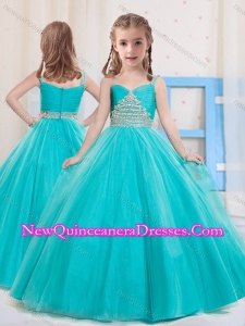 Cute Princess Straps Floor Length Tulle Aqua Blue Little Girl Pageant Dress with Beading