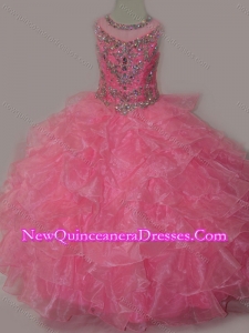Cute Rose Pink Ball Gown Scoop Beaded Bodice Lace Up Little Girl Pageant Dress