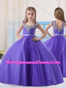 Purple Straps Tulle Purple Zipper Up Little Girl Pageant Dress with Beading